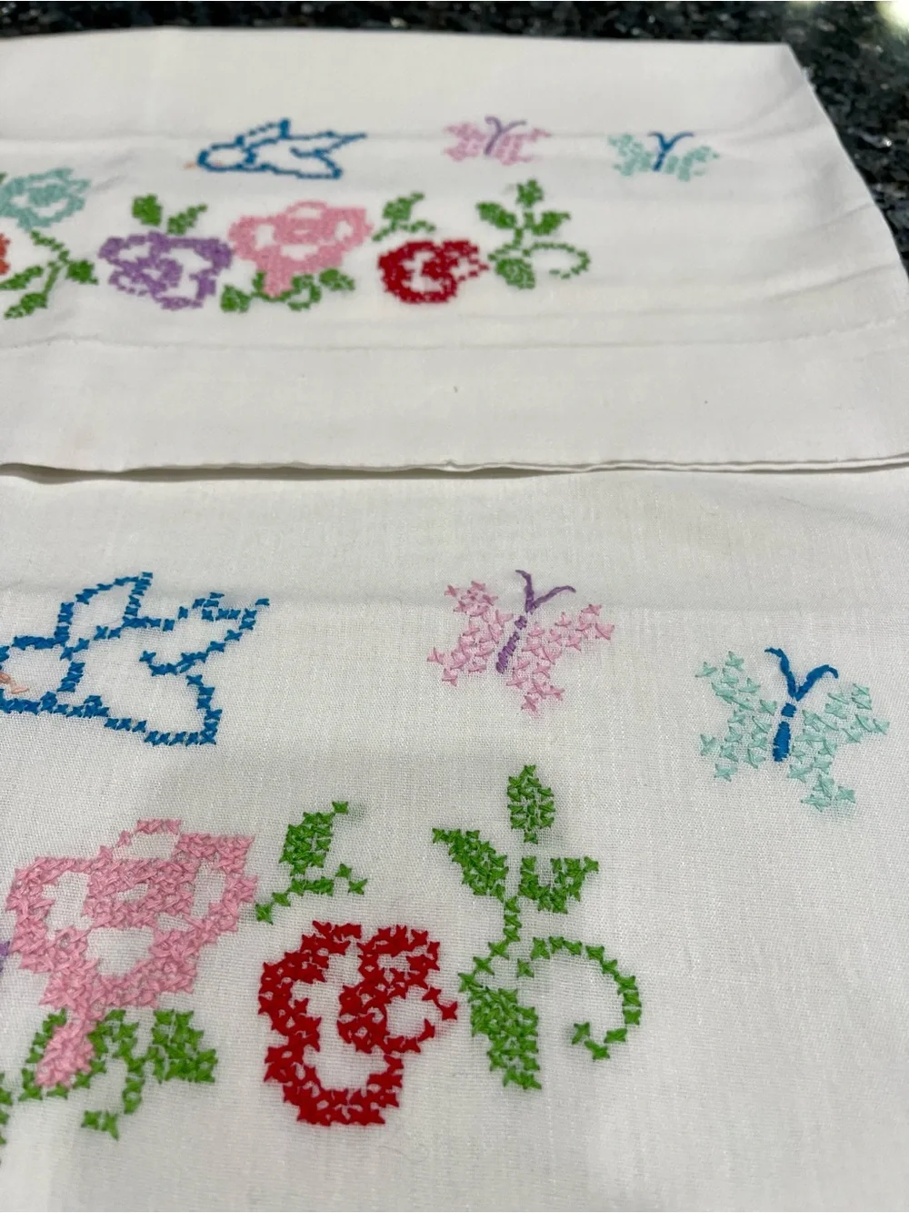 Handmade Needlepoint Floral Bluebird Butterfly Standard Pillowcase Pair